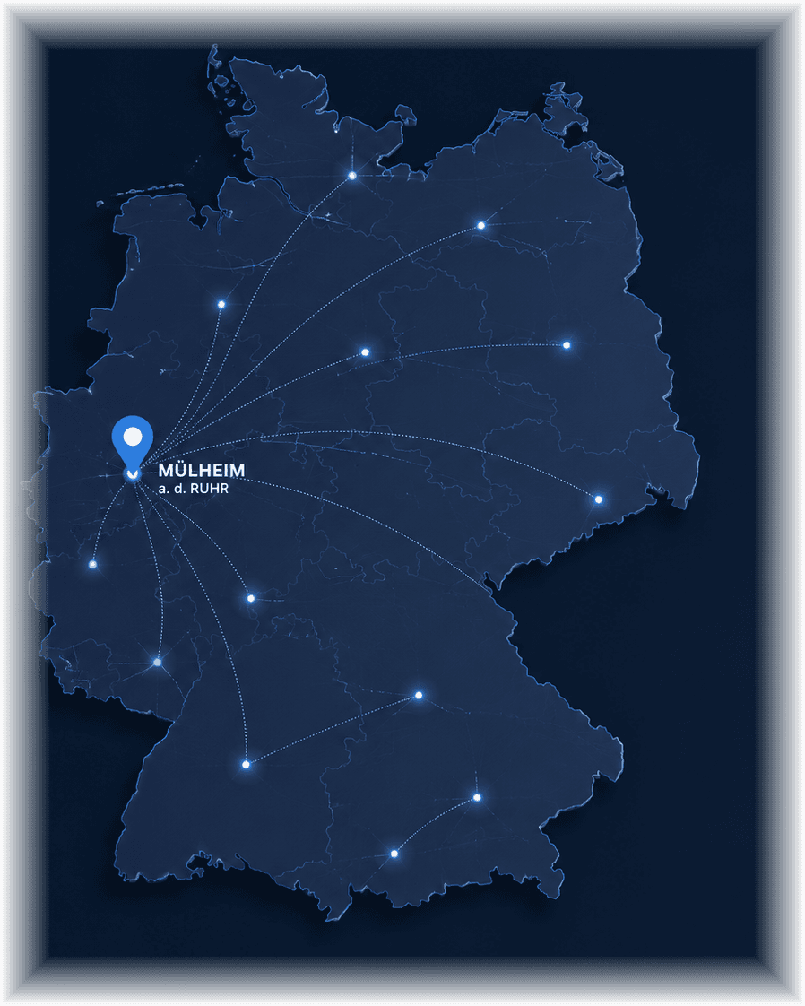 Deutschlandkarte mit Standort-Pin auf Mülheim an der Ruhr und Verbindungslinien in das gesamte Bundesgebiet